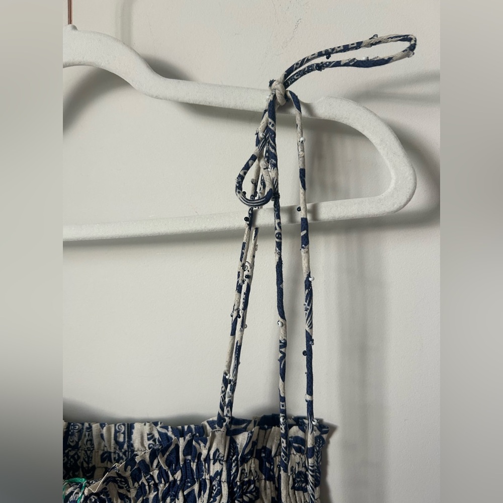 Blue Floral cream tie strap Beaded Midi dress - Picture 4 of 7